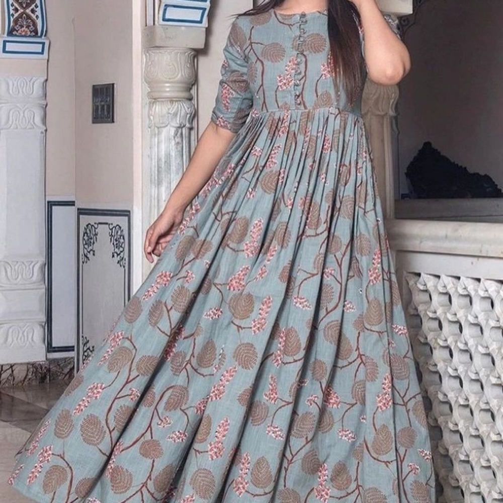 ASŌPALAV Steel Blue Botanical KURTA Maxi Dress SZ: Large